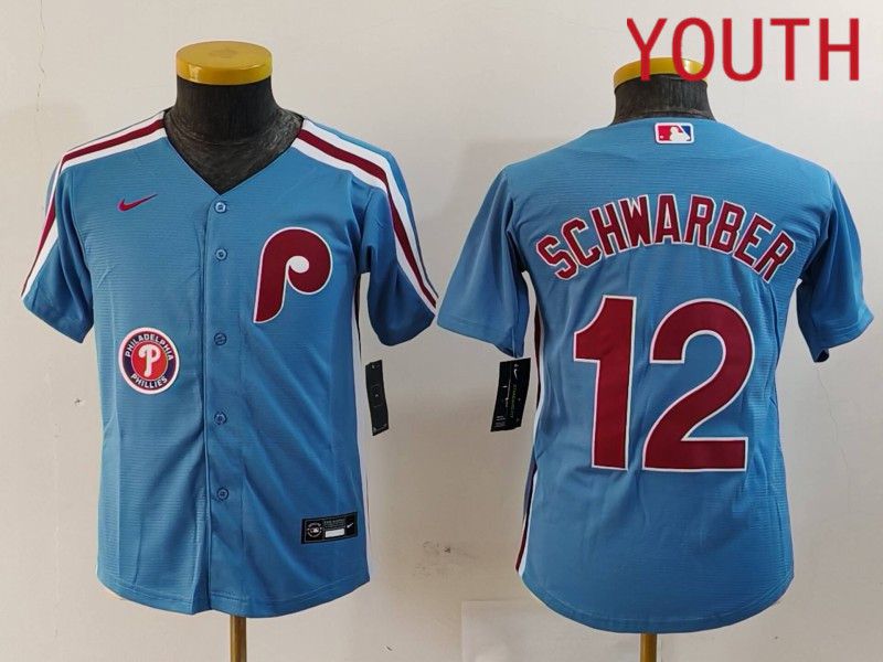 Youth Philadelphia Phillies #12 Schwarber Blue Throwback 2024 Nike MLB Jersey style 3->youth mlb jersey->Youth Jersey